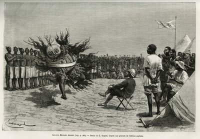 El Sova Mavanda (rey), rodeado de sus hombres que salmodian una canción monótona, bailando frente al mayor. Grabado por Emile Bayard, para ilustrar la historia de cómo he atravesado África, del Océano Atlántico al Océano Índico, por el Mayor Serpa Pinto de Emile Antoine Bayard
