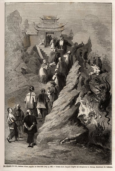 El Camino del Cielo, dibujo de E.Bayard, basado en una pintura de una pagoda en Tien Tsin, ilustrando el viaje de Shanghái a Moscú, de 1859 a 1862, por M.de Bourboulon, Ministro de Francia en China. Grabado en "Le tour du monde", editado por Edouard Charto de Emile Antoine Bayard