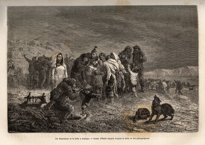 El asombro de los esquimales al descubrir las cajas de música en las cercanías de Friedrichsthal (Groenlandia), grabado según el dibujo de Emile Bayard, ilustrando el viaje de los barcos La Germania y La Hansa al Polo Norte en 1869-1870, por el Capitán He de Emile Antoine Bayard
