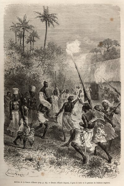 La llegada de la prometida de Hamis al pueblo de Hara (Zambia), califourchon sobre los hombros de un hombre, acompañada por una docena de seguidores cada uno llevando una pequeña cesta de provisiones en la cabeza, grabado después de un dibujo de Emile Baya de Emile Antoine Bayard