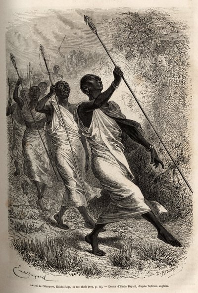La llegada de Kabba Rega, rey de los Ounyoro (Sudán oriental) y los jefes de su corte, al campamento de Sir Baker para una visita oficial, grabado después de un dibujo de Emile Bayard, ilustrando una expedición en África Central, para la supresión del come de Emile Antoine Bayard