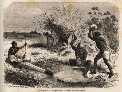 Los herreros, en el ounyamouezi (región de los Grandes Lagos, África), dibujo de Emile Bayard (1837-1891), ilustrando el viaje de descubrimiento en África, de 1860 a 1863 del Capitán Speke. Grabado en “Le tour du monde”, editado por Edouard Charton de Emile Antoine Bayard