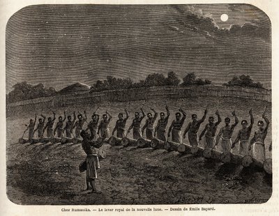 La ceremonia de los tambores para el ascenso de la nueva luna, en la cabeza de la tribu Rumanika, en Karague (oeste del lago Victoria, en la actual Zimbabue), dibujo de Emile Bayard (1837-1891), ilustrando el viaje de descubrimiento del Capitán Speke en Áf de Emile Antoine Bayard