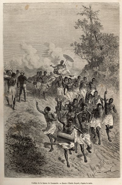El cortejo de la esposa de Cassemmbe pasa ante Livingstone que la saluda, grabado después de un dibujo de Emile Bayard, ilustrando el último diario de David Livingstone (1813-1873), en 1866-1873, publicado en "Le tour du monde" 1875, editado por Edouard Ch de Emile Antoine Bayard