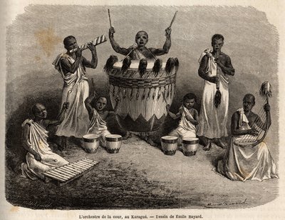 La orquesta de la corte, en el Karague (oeste del Lago Victoria, actual Zimbabue), dibujo de Emile Bayard (1837-1891), ilustrando el viaje de descubrimiento del Capitán Speke en África de 1860 a 1863. Grabado en "Le tour du monde", editado por Edouard Char de Emile Antoine Bayard