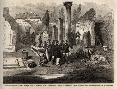 Las excavaciones de 1864 en Pompeya, bajo la dirección del Inspector Fiorelli, dibujo de Emile Bayard (1837-1891), para ilustrar el texto de Marc Monnier (1829-1885) "Pompeya y los Pompeianos". Grabado en "Le tour du monde", editado por Edouard Charton de Emile Antoine Bayard