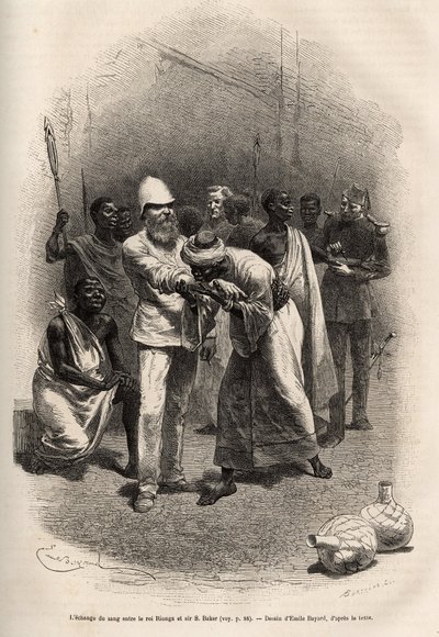 El intercambio de sangre entre el Rey Rionga y Sir Baker, después de beber una gran cantidad de sidra de plátano y pasar una noche en vela y ayuno, se lleva a cabo la ceremonia, cada uno a su vez se corta los antebrazos y bebe una gota de sangre, luego Rio de Emile Antoine Bayard