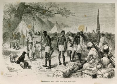 Los porteadores insolentes de la expedición encadenados, dibujo de Emile Bayard, para ilustrar la historia: A través de África, desde Zanzíbar (Tanzania) hasta Benguela (Angola), de 1872 a 1876, por el Teniente V.H. Cameron. Grabado en Le tour du monde de Emile Antoine Bayard