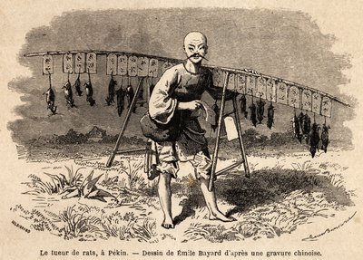 El cazador de ratas en Pekín. Dibujo de Emile Bayard (1837-1891), para ilustrar el viaje de Shanghái a Moscú, de 1859 a 1862, por M. de Bourboulon, Ministro de Francia en China. Grabado en “” Le tour du monde””, editado por Edouard Charton de Emile Antoine Bayard