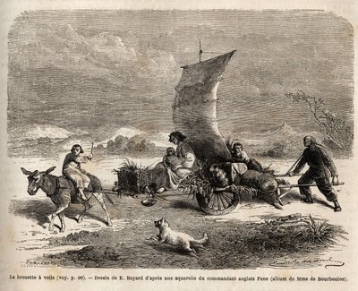 La carretilla de vela, sistema de locomoción utilizado en el norte de China, dibujo de E. Bayard, ilustrando el viaje de Shanghái a Moscú de Emile Antoine Bayard