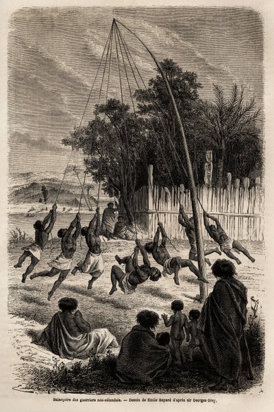 El columpio de los guerreros neozelandeses en el Istmo de Auckland, dibujo de Emile Bayard (1837-1891), para ilustrar el viaje de Ferdinand de Hochstetter a Nueva Zelanda de 1858 a 1860. Grabado en Le tour du monde, editado por Edouard Charton de Emile Antoine Bayard