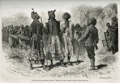Los tres conductores (o sovas), príncipes de Dombe (Angola), y su séquito de músicos y cortesanos, viniendo a encontrarse con el explorador S.Pinto. Grabado por Emile Bayard, para ilustrar la historia de cómo he atravesado África, del Océano Atlántico al O de Emile Antoine Bayard