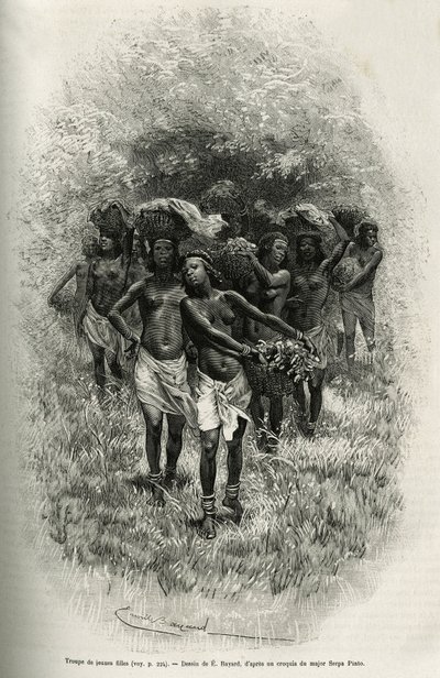 Grupo de niñas llevando cestas llenas de comida para el suministro de S.Pinto y sus hombres. Grabado por Emile Bayard, para ilustrar la historia de cómo atravesé África, del Océano Atlántico al Océano Índico, por el Mayor Serpa Pinto, en 1877-1878, pub de Emile Antoine Bayard