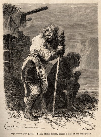 Dos ancianas esquimales, vistiendo el traje de las mujeres de Groenlandia, botas de cuero hasta las rodillas, pantalones cortos de piel de foca y una túnica de piel que cae hacia adelante y hacia atrás, en las cercanías de Lichtenau, grabado según el dibuj de Emile Antoine Bayard