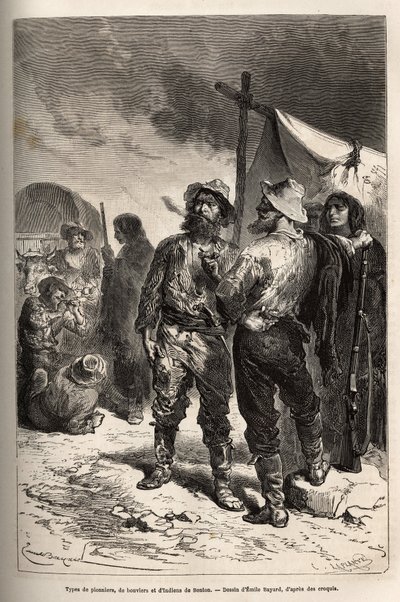 Tipos de pioneros, boyeros e indios de Benton (Montana), grabado según el dibujo de Emile Bayard, ilustrando el viaje de Washington a San Francisco, en 1868, por L. Simonin, publicado en "Le tour du monde" 1874, editado por Edouard Charton de Emile Antoine Bayard