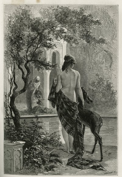 Un jardín en Fez, grabado por Emile Bayard, para ilustrar la historia de Marruecos por Edmondo de Amicis, en 1875, publicado en el tour du monde, bajo la dirección de Edouard Charton de Emile Antoine Bayard