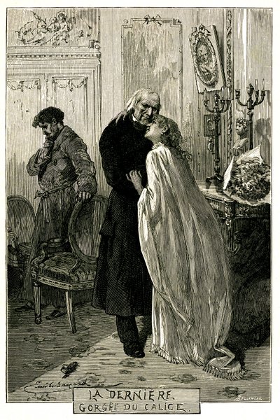 Victor Hugo “Los Miserables”, “La Última Gota del Cáliz”. Ilustración de Emile Bayard. El antiguo forzado Jean Valjean envejecido con Cosette y Marius. Grabado de la edición Ollendorff 1906 de Emile Antoine Bayard