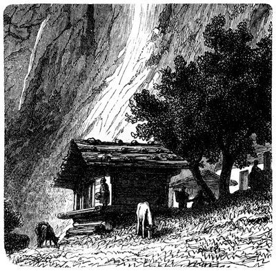 Vista de los Alpes: viejo chalet al pie de un acantilado con vacas pastando. Ilustración de Emile Bayard (detalle) para el libro Les Montagnes de Albert Dupaigne, edición Mame 1881. de Emile Antoine Bayard