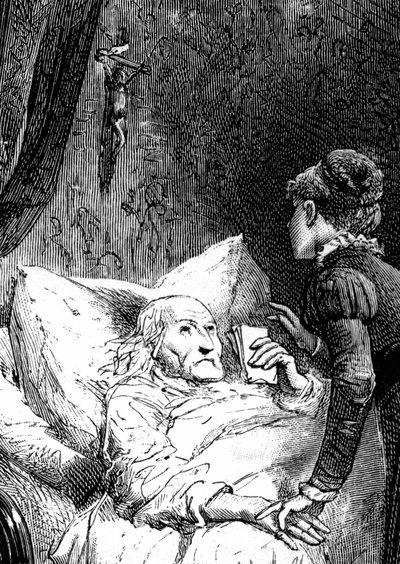 Joven cuidando a un anciano moribundo en su cama, bajo un crucifijo colgado en la pared. El moribundo sostiene sus últimas recomendaciones (testamento) en la mano. (detalle) de un grabado por Emile Bayard ilustrando el libro de Jules Sandeau "Mademoiselle  de Emile Antoine Bayard