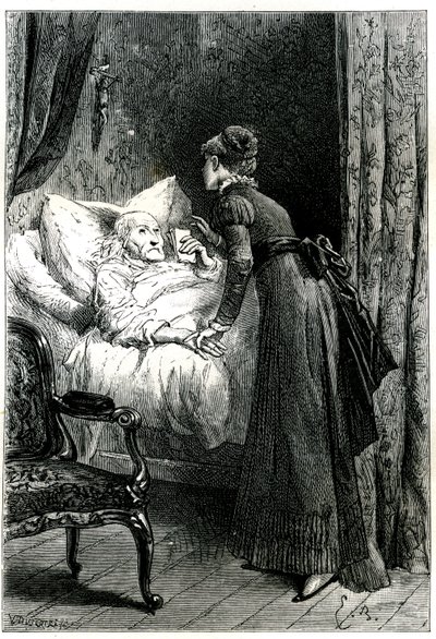 Joven cuidando a un anciano moribundo en su cama bajo un crucifijo colgado en la pared. El moribundo sostiene sus últimas recomendaciones (testamento) en la mano. Grabado por Emile Bayard ilustrando el libro de Jules Sandeau “Mademoiselle de la Seigliere”, de Emile Antoine Bayard