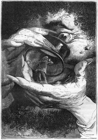 Ilustración de la novela de Julio Verne “Alrededor de la Luna”, dibujo de Emile Bayard, edición Hetzel/Viajes extraordinarios 1870. El astronauta Michel Ardan se imagina siendo observado por un gigante a través de una lupa (referencia a Gulliver de Swift) de Emile Antoine Bayard