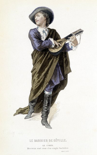 El Conde Almavira en "Le barbier de Seville" en "Oeuvres completes de Beaumarchais", ed. Laplace Sanchez & cie, París de Emile Antoine Bayard