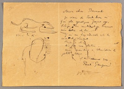 Carta a Emile Bernard con tres bocetos a tinta, anotando la muerte de "Vincent", Tahití, 1890s de Emile Bernard