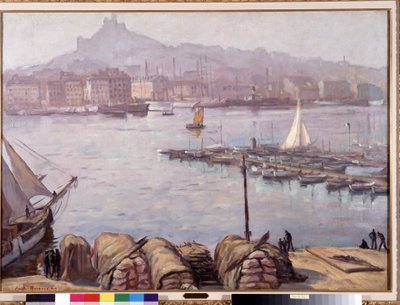 El viejo puerto de Marsella y Notre Dame de la Garde, también llamada la Buena Madre" Pintura de Emile Bernard (1868-1941) 1929 Dim. 77,5x107 cm Mención obligatoria: Colección Fundación Saludos de Provenza, Marsella de Emile Bernard