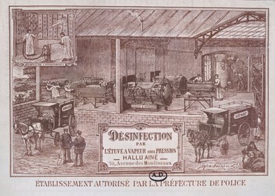 Póster publicitario de maquinaria para desinfección por vapor producida por Hallu Aine, finales del siglo XIX de Emile Bourdelin