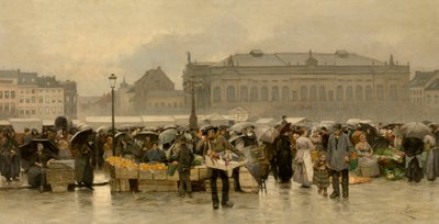 La plaza del mercado frente al teatro de Amberes de Emile Claus