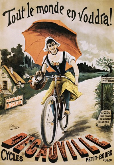 Cartel vintage de mujer montando bicicleta con paraguas rojo de Emile Clouet