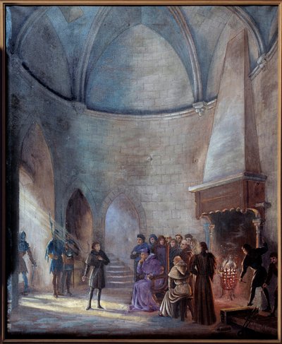 Guerra de los Cien Años: "Juana de Arco (1412-1431) es interrogada por los jueces" Pintura de Emile Deshays (1875-1946) 1901. Sol. 0,73x0,6 m Rouen, Museo de Bellas Artes ¡Atención! La utilización de esta obra puede estar sujeta a una solicitud de autoriza de Emile Deshays