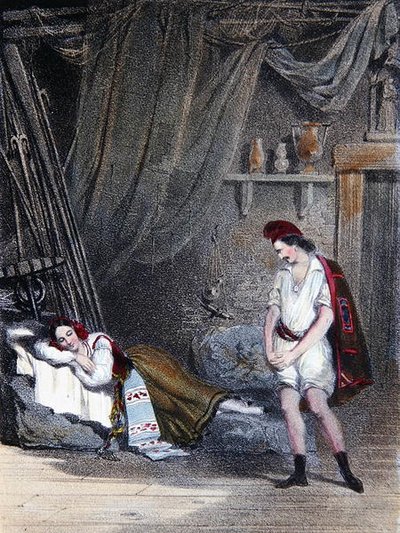 Escena que representa a la niña muda Fenella durmiendo en una cabaña con su hermano Masaniello: acto IV de la ópera 