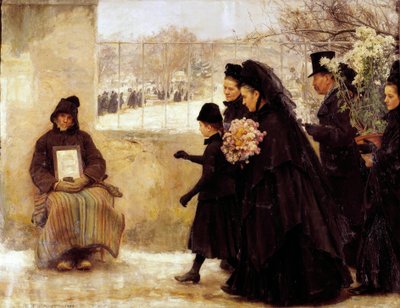 Todos los Santos. Una familia de luto que va al cementerio da una moneda a un anciano que pide limosna de Emile Friant