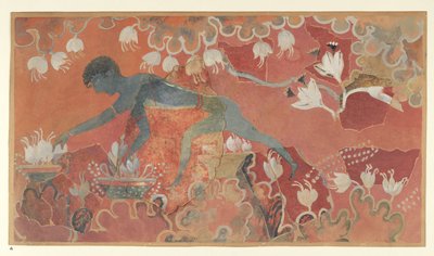 Pintura del fresco Recolector de azafrán del mono azul del palacio de Minos en Cnosos (Evans Fresco Drawing L/3 a)), hacia 1921 (papel, pigmento) de Emile Gilliéron