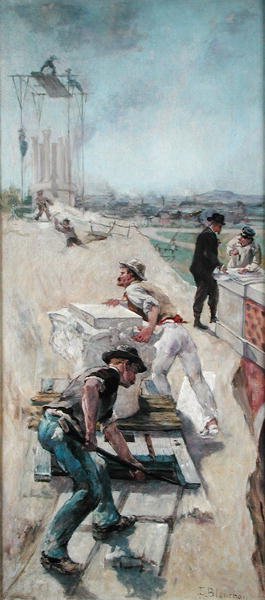 Obreros construyendo el Hotel de Ville, París de Emile Henri Blanchon