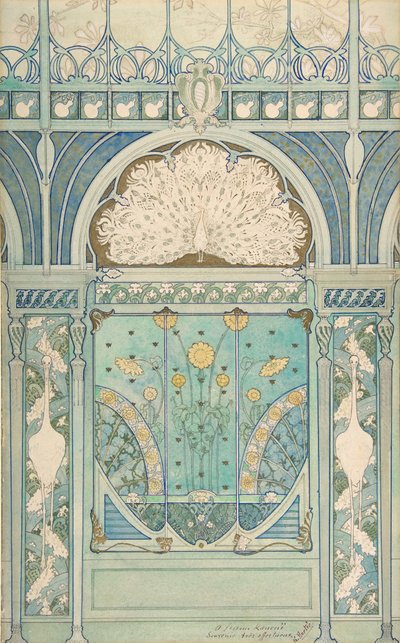 Diseño para una decoración mural con pavo real, grullas y girasoles para el restaurante de Emile Hurtré