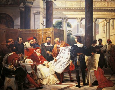El Papa Julio II ordenando a Bramante, Miguel Ángel y Rafael construir el Vaticano y San Pedro de Emile Jean Horace Vernet