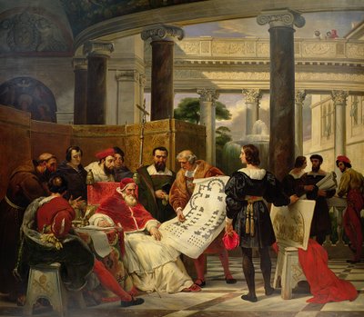 El Papa Julio II ordenando a Bramante, Miguel Ángel y Rafael construir el Vaticano y San Pedro, 1827 de Emile Jean Horace Vernet