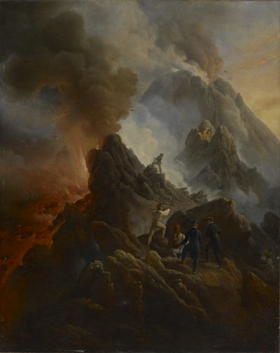 La erupción del Vesubio, el artista y su padre, Carle Vernet, en primer plano de Emile Jean Horace Vernet