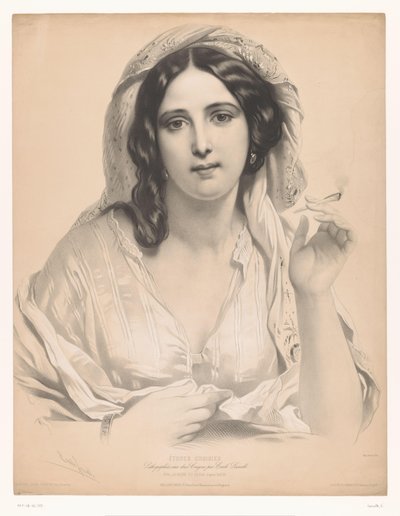 Mujer joven velada con un cigarrillo en la mano La reine du sérail (título sobre objeto) Estudios de artistas seleccionados (título de la serie) Etudes choisies (título de la serie sobre el objeto) de Emile Lassalle