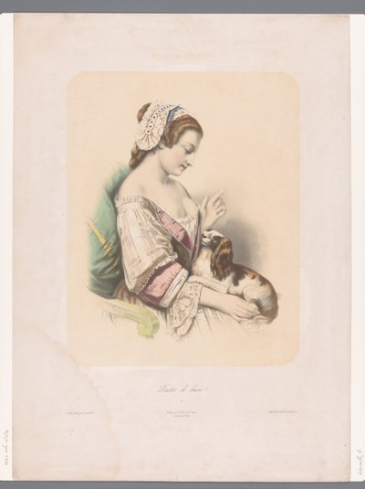 Mujer joven entrena a su perro faldero Faites le beau! (título en el objeto) Motivos en miniatura (título de serie) Motifs de miniature (título de serie sobre objeto) de Emile Lassalle