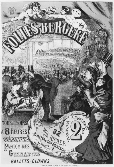 Póster publicitario del Folies Bergere, rue Richer, París, 1875 de Emile Levy