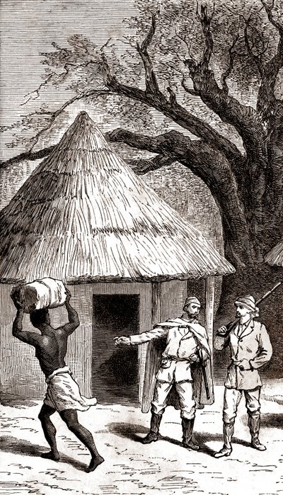 Exploradores y porteadores delante de una cabaña africana,1887 (