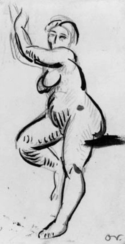 Modelo femenina de pie mirando a la izquierda con los brazos levantados sobre la cabeza de Emile Othon Friesz