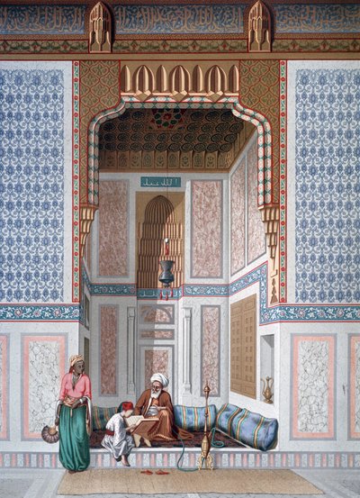 Interior de la mezquita de Khosne Ahmed el-Bordeyny. Cromolitografía según Emile Prisse d