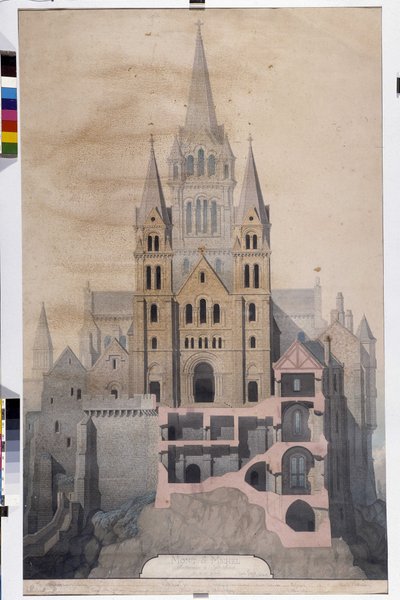 Arquitectura gótica: fachada de la iglesia y corte de las casas abaciales. Dibujo del Museo Municipal de Avranches (Manche) de Emile Sagot