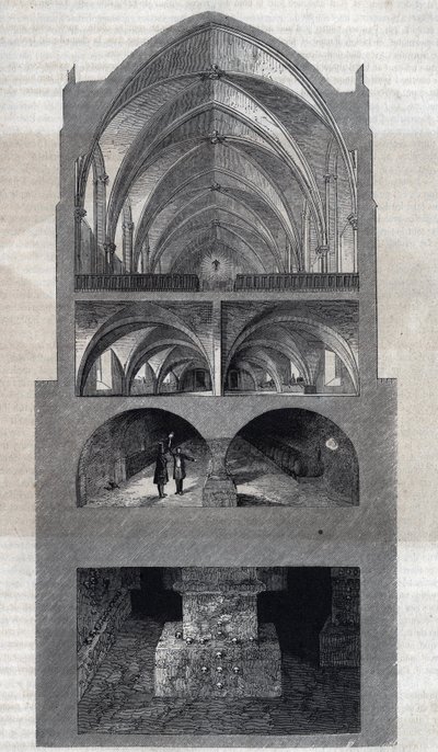 Sección transversal del liceo Napoleón en París (hoy, Liceo Henri IV). De arriba a abajo: el refectorio, la cocina, las bodegas, las catacumbas. Grabado por Therond. En "Le Magasin Picturesque" de Emile Theodore Therond