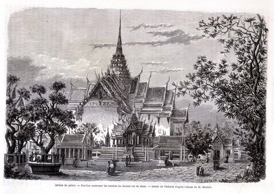 Jardín del palacio. Pabellón que contiene las cenizas del último rey de Siam. Dibujo de Thérond del álbum de M. Mouhot. 