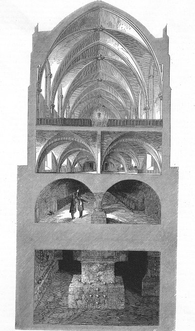 Vista en sección de la cocina, bodegas y catacumbas de la escuela secundaria Napoleón en París de Emile Theodore Therond